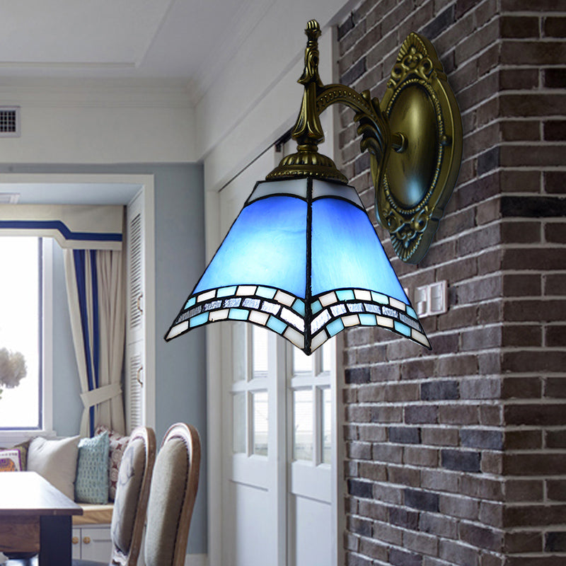Tiffany Pyramid Sconce Lamp Stained Glass 1 Light Wall Lighting in Green/Blue/Yellow for Bedroom