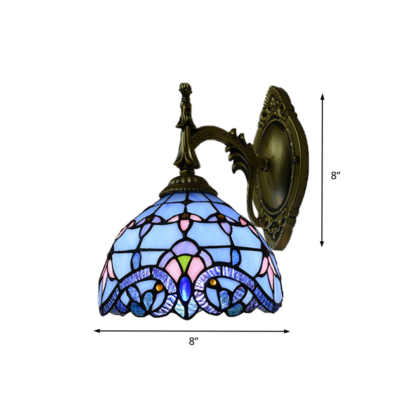 Victorian Wall Sconce with Bowl Shade Stained Glass 1 Head Wall Lighting in Blue for Living Room