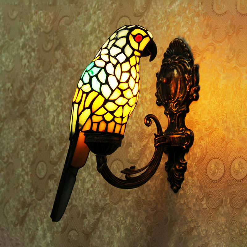 1 Light Parrot Wall Sconce Light Rustic Loft Stained Glass Wall Lighting in Red/Blue for Bedroom