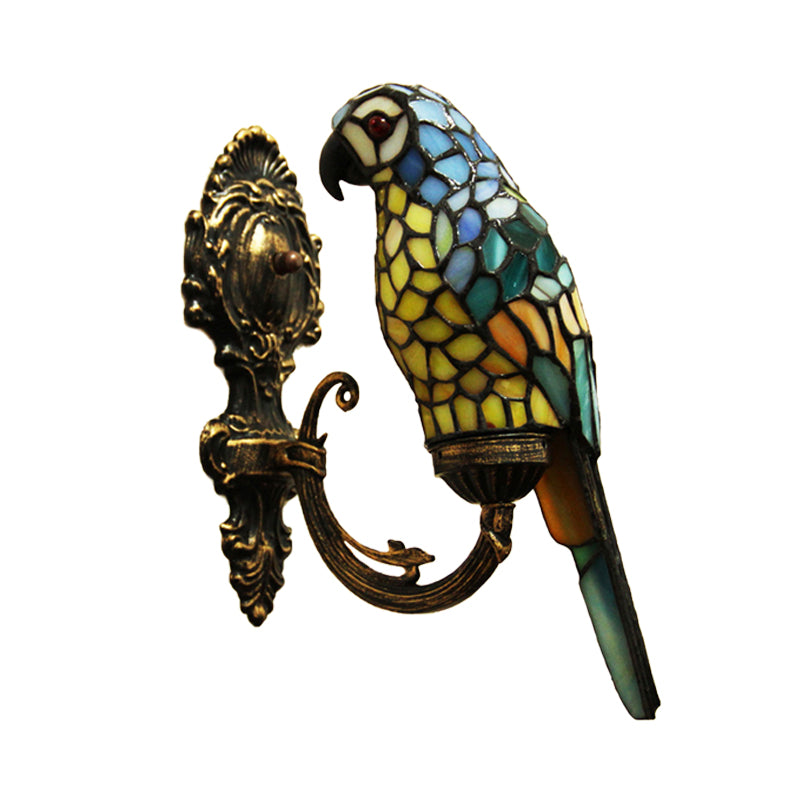 1 Light Parrot Wall Sconce Light Rustic Loft Stained Glass Wall Lighting in Red/Blue for Bedroom