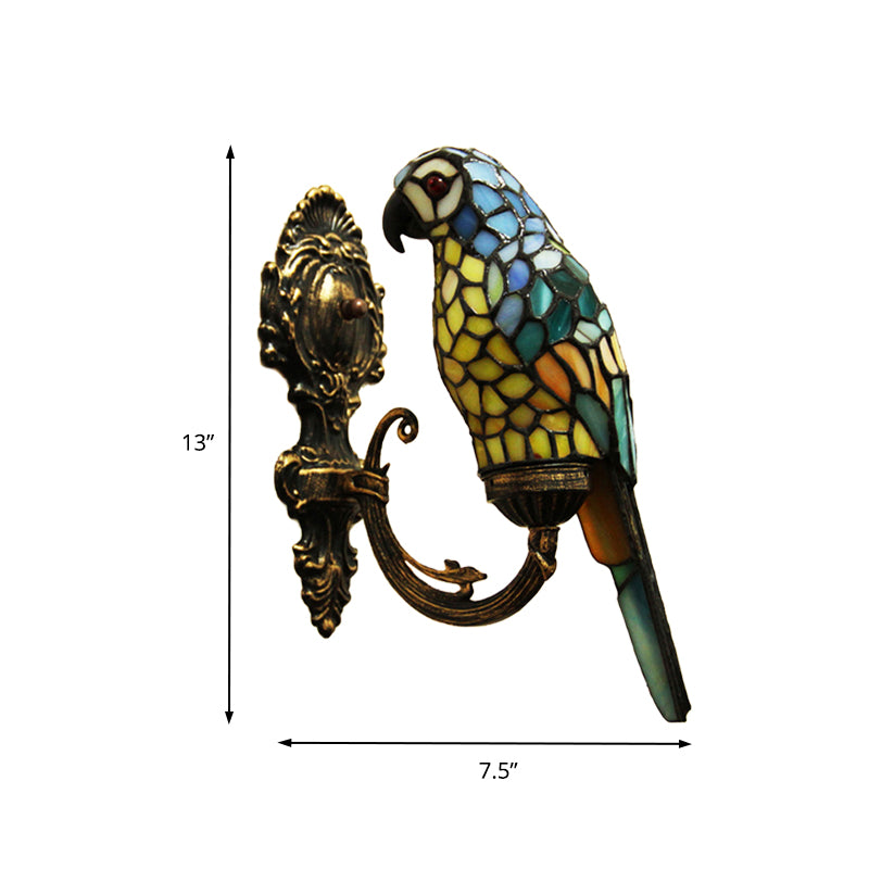1 Light Parrot Wall Sconce Light Rustic Loft Stained Glass Wall Lighting in Red/Blue for Bedroom