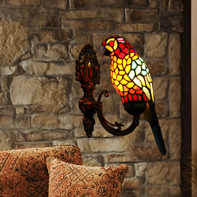 1 Light Parrot Wall Sconce Light Rustic Loft Stained Glass Wall Lighting in Red/Blue for Bedroom