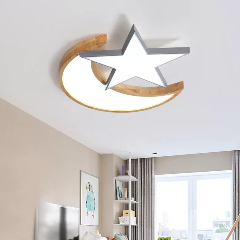 Houten Ster Maan Plafondmontage Lichte Plafondlamp in Scandinavische Stijl voor Verpleegkamer Slaapkamer