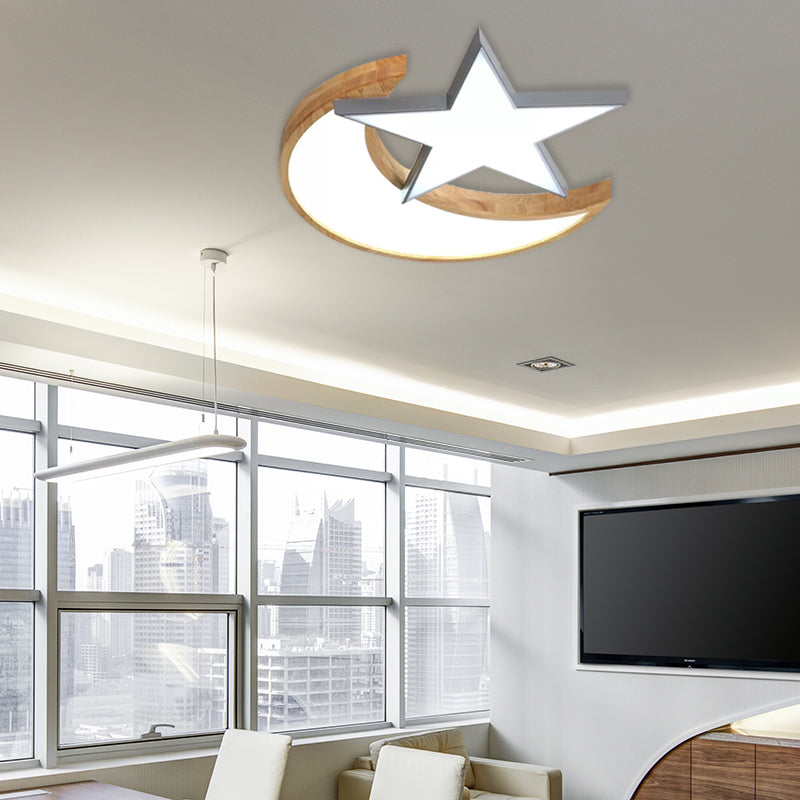 Lámpara de techo de estilo nórdico con luz de montaje en techo de luna y estrella de madera para dormitorio de sala de enfermería