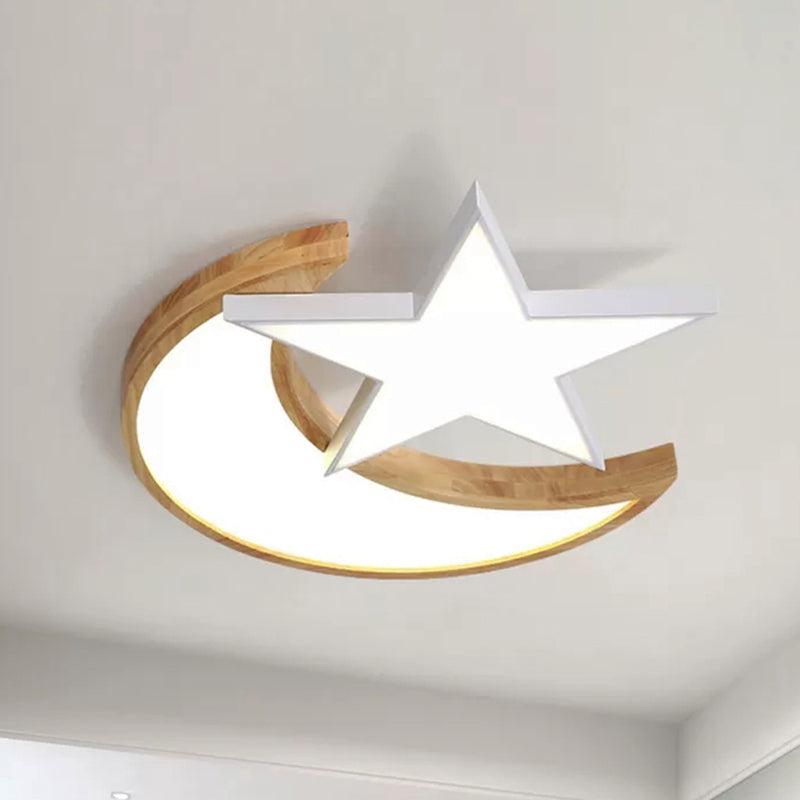 Houten Ster Maan Plafondmontage Lichte Plafondlamp in Scandinavische Stijl voor Verpleegkamer Slaapkamer