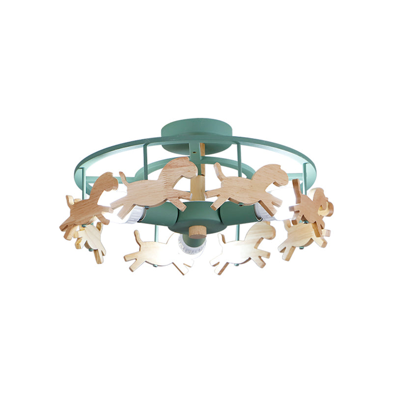 Macaron Merry-go-round Ceiling Light Metal Wood 3 Lights Green Semi Flush Light for Dining Room
