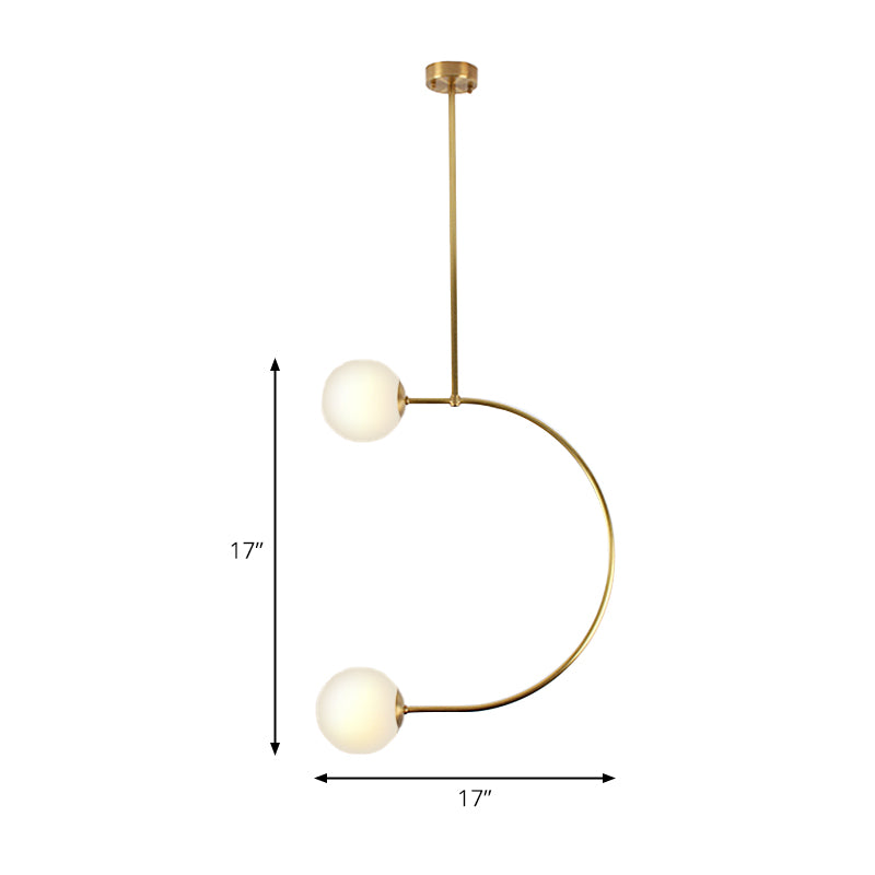 Luz de colgante colgante en forma de metal C con tono de pelota de vidrio de leche Modern 2 luces suspendidas Lámpara en oro