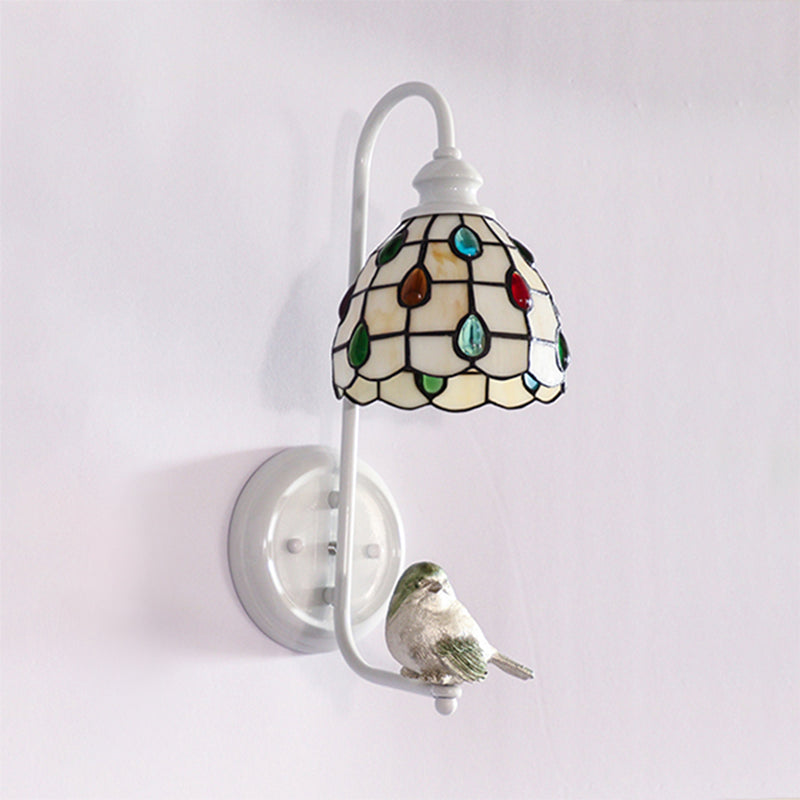 1 Head Sconce Light Tiffany Dome/House Stained Glass Wall Light Fixture in White with Square/Sunflower/Diamond Pattern