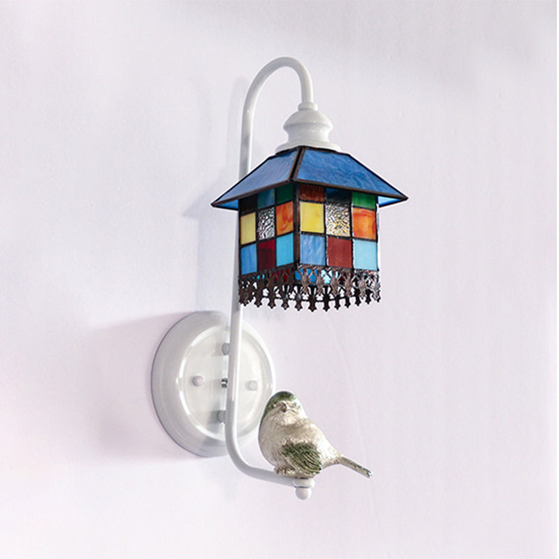 1 Head Sconce Light Tiffany Dome/House Stained Glass Wall Light Fixture in White with Square/Sunflower/Diamond Pattern