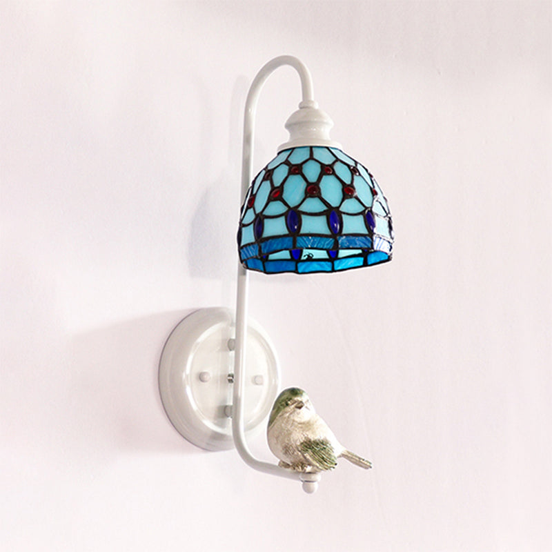 1 Head Sconce Light Tiffany Dome/House Stained Glass Wall Light Fixture in White with Square/Sunflower/Diamond Pattern
