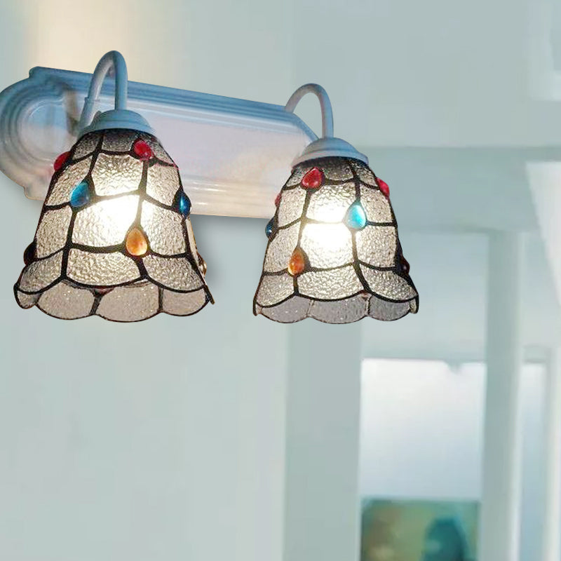 Dimpled Glass Bell Wall Lighting Tiffany Style 2 Heads Wall Sconce Light in White Finish for Bedroom