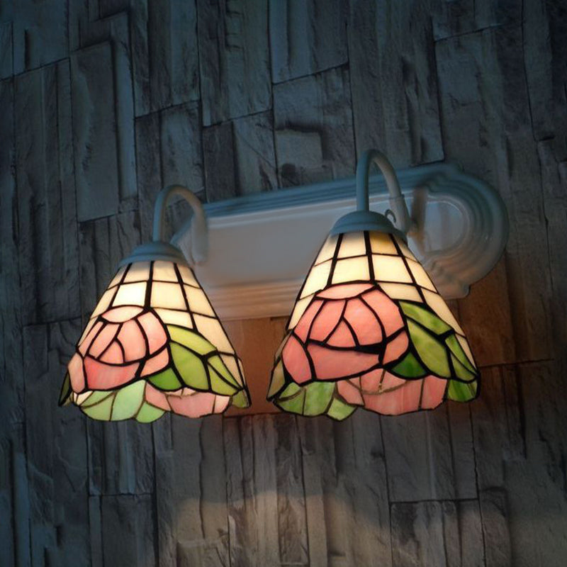 Pink Rose Wall Mount Light Victorian 2 Heads Multicolor Stained Glass Sconce Lighting