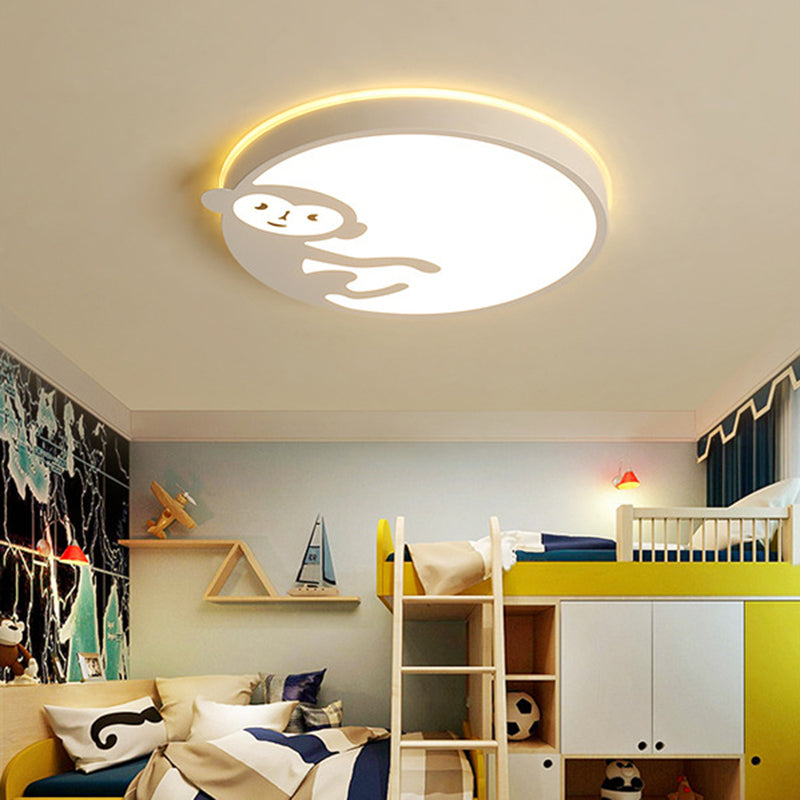 Plafonnier rond pour chambre d'enfant avec singe en métal et acrylique, plafonnier pour enfants en blanc