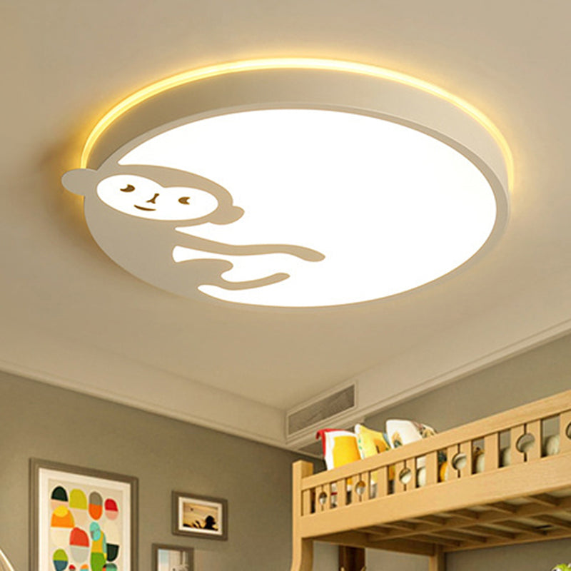 Round Child Bedroom Ceiling Mount Light with Monkey Metal Acrylic Kids Ceiling Fixture in White