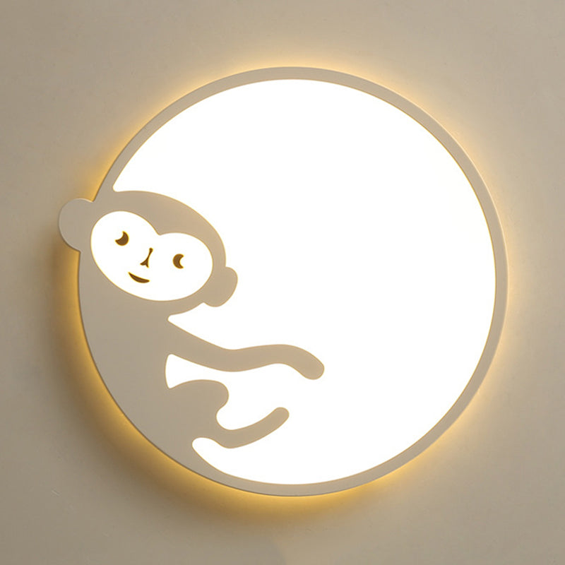 Plafonnier rond pour chambre d'enfant avec singe en métal et acrylique, plafonnier pour enfants en blanc