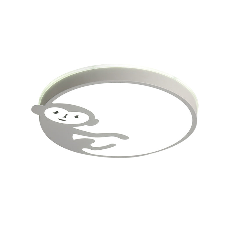 Plafonnier rond pour chambre d'enfant avec singe en métal et acrylique, plafonnier pour enfants en blanc