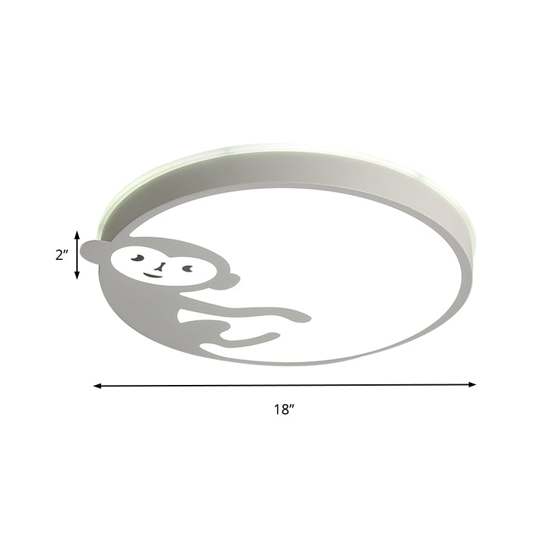 Round Child Bedroom Ceiling Mount Light with Monkey Metal Acrylic Kids Ceiling Fixture in White