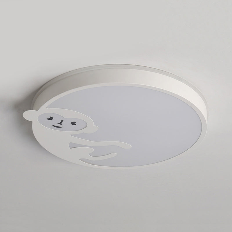 Round Child Bedroom Ceiling Mount Light with Monkey Metal Acrylic Kids Ceiling Fixture in White