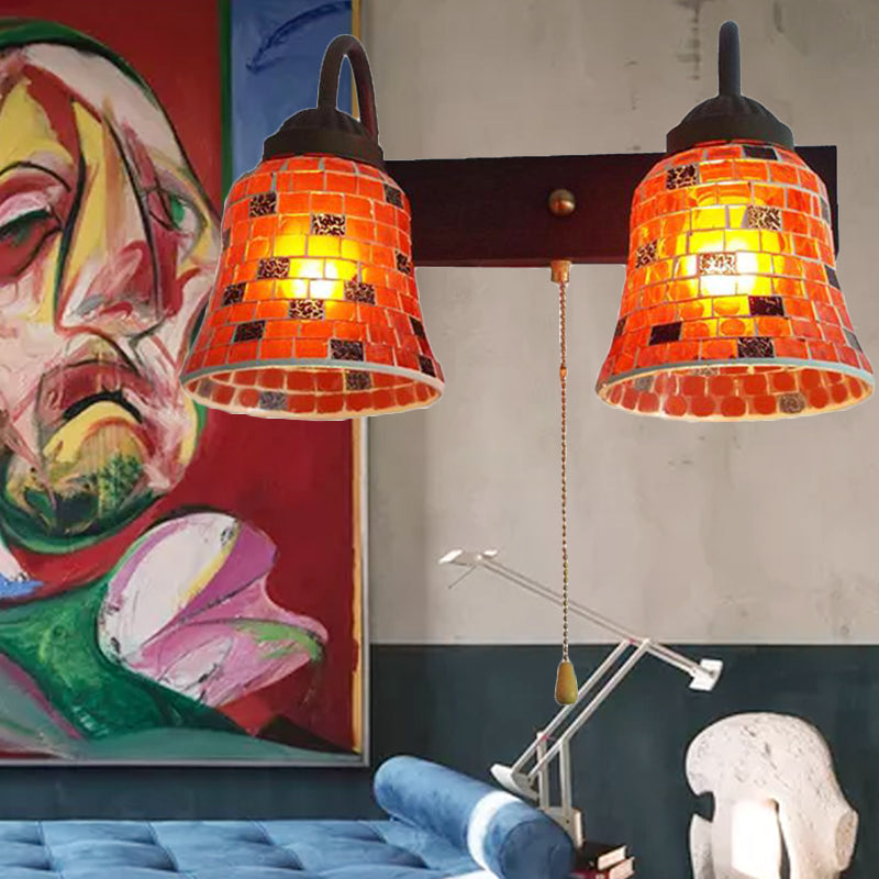 Stained Glass Bell Wall Mounted Light 2 Heads Yellow/Pink/Orange Sconce Light Fixture with Pull Chain Switch