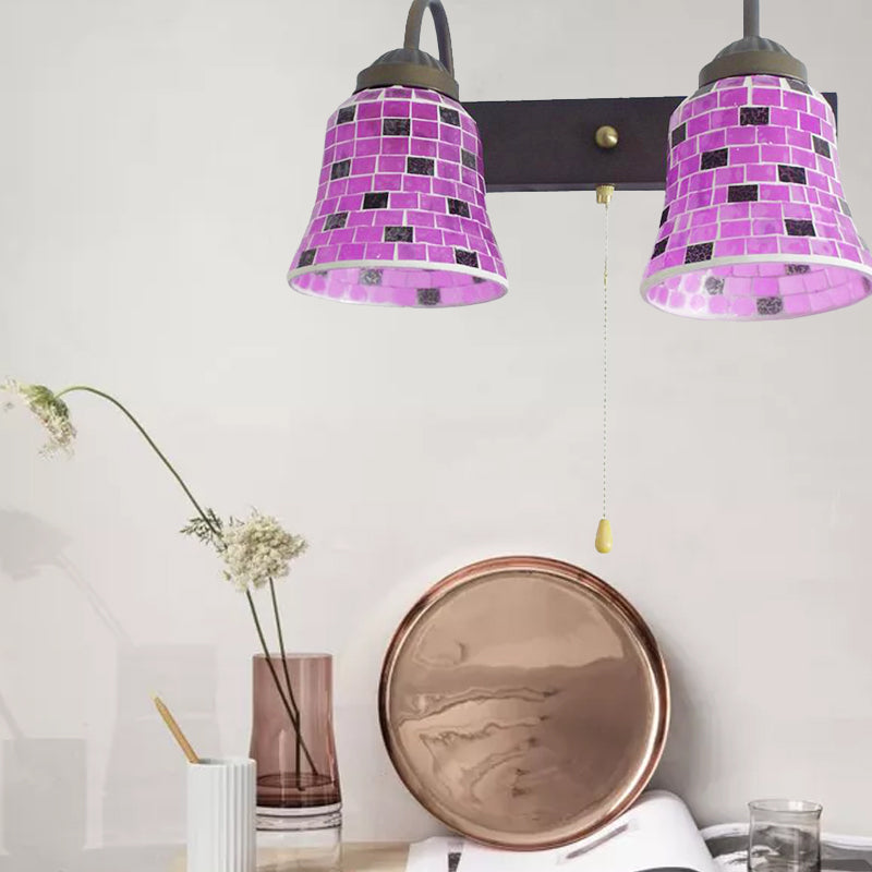 Stained Glass Bell Wall Mounted Light 2 Heads Yellow/Pink/Orange Sconce Light Fixture with Pull Chain Switch