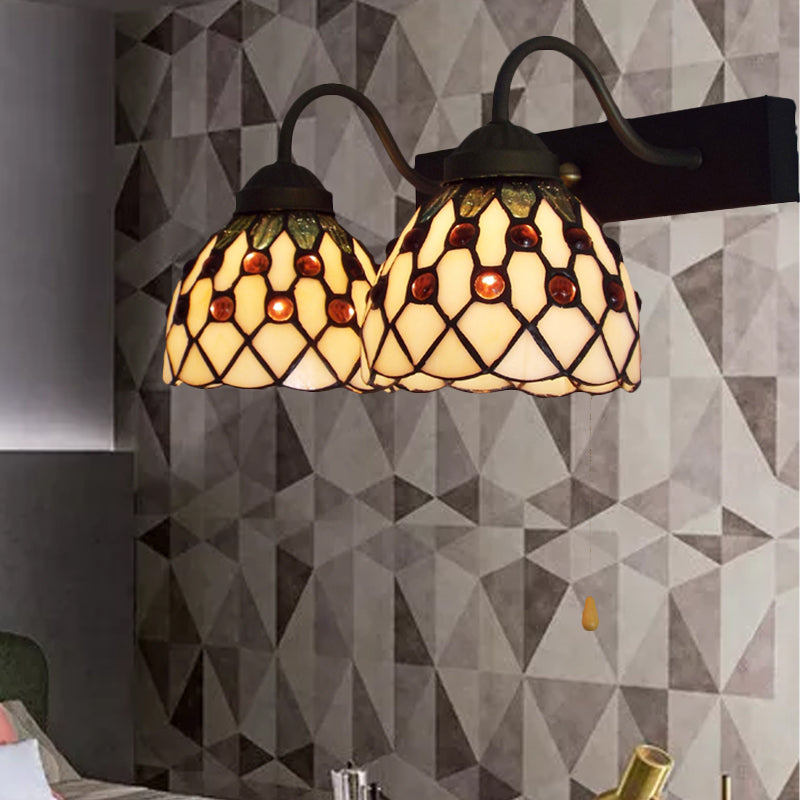 Beige Glass Black Wall Mounted Light Dome 2 Heads Tiffany Sconce Lighting with Pull Chain