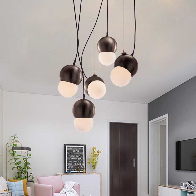 Mini Domed Pendant Lamp Modern Stylish Metal 1 Light Black Hanging Lamp with Opal Glass Shade for Indoor