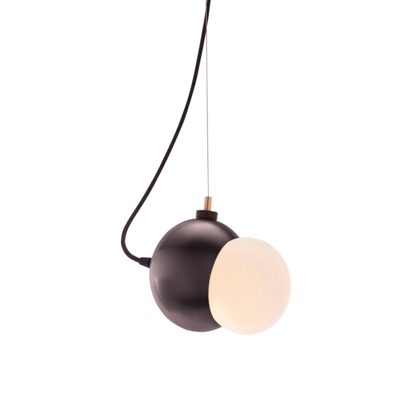 Mini Domed Pendant Lamp Modern Stylish Metal 1 Light Black Hanging Lamp with Opal Glass Shade for Indoor