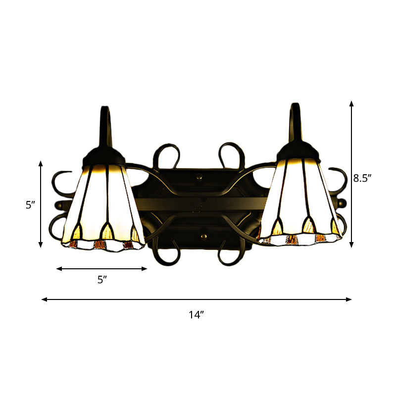Vintage Retro Cone Sconce Light with Gooseneck Stained Glass 2 Heads Wall Light in Beige for Bedroom