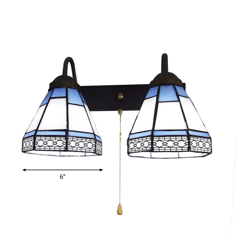 2 Heads Wall Mounted Light Tiffany Conical White Glass Sconce Light with Pull Chain