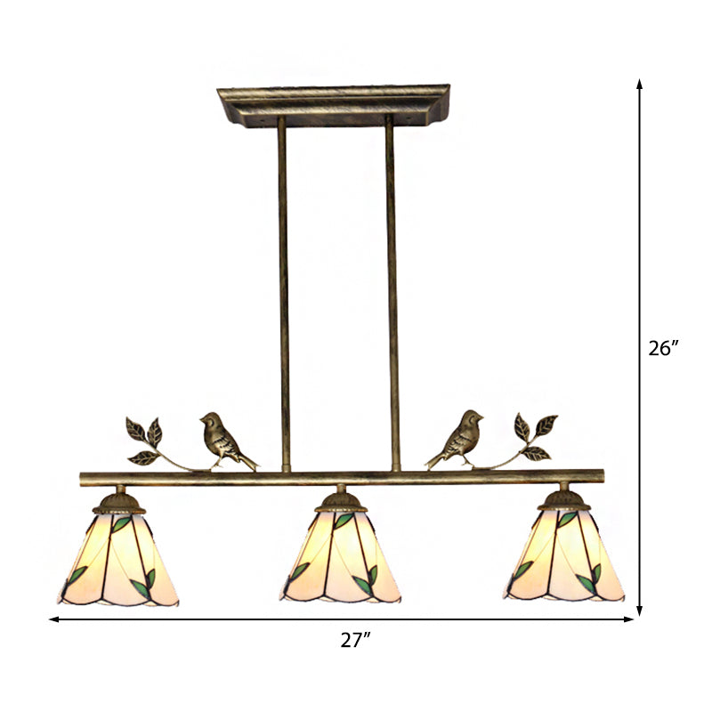 Cone Shade Island Lighting Fixture Tiffany Style Stainless Glass 3 Lights Beige Hanging Lamp with Leaf Pattern