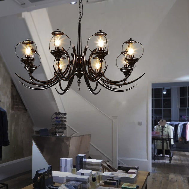 Farmhouse Wire Guard Chandelier Lighting with Curved Arm 8 Heads Iron Hanging Light Fixture in Black