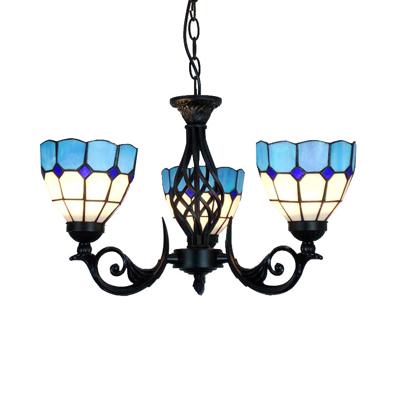 3 Lights Bowl Pendant Light with Grid Pattern and Metal Chain Blue Glass Chandelier Lamp for Bedroom
