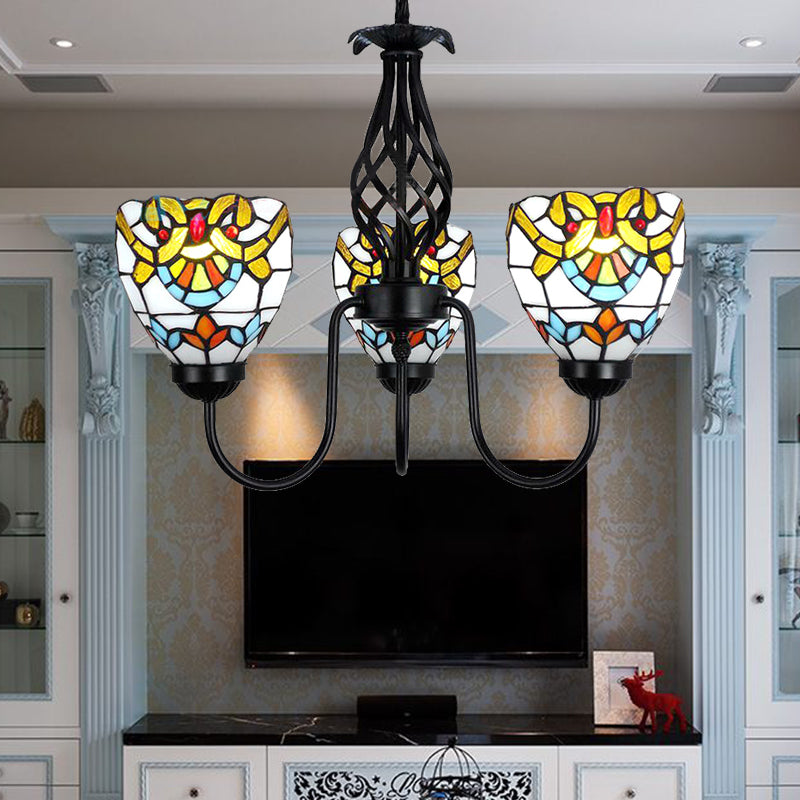 Baroque Bowl Pendant Lighting Stained Glass Ceiling Chandelier Light with Adjustable Chain in Black Finish