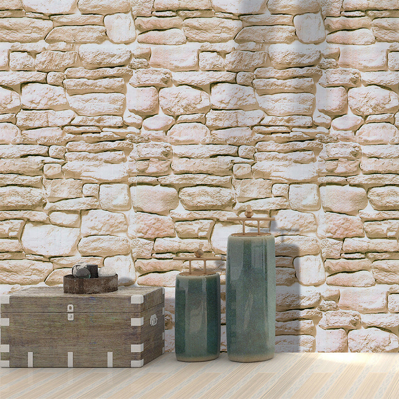 3D Effect Stones Wallpaper Farmhouse Smooth Wall Decor in Light Brown, Self Sticking