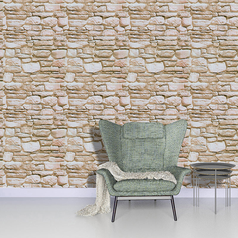 3D Effect Stones Wallpaper Farmhouse Smooth Wall Decor in Light Brown, Self Sticking
