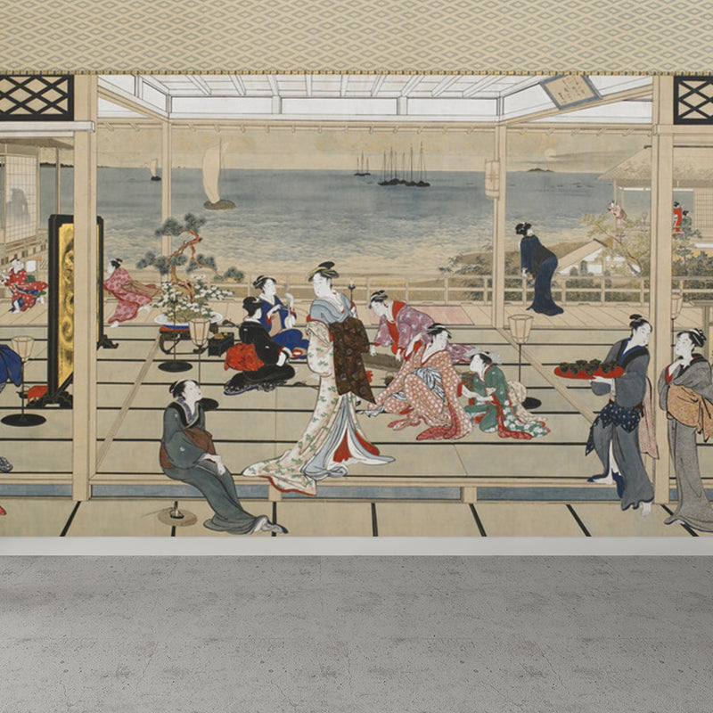 Full Size Illustration Modern Mural Wallpaper with Asian Ancient Figures in Light Color