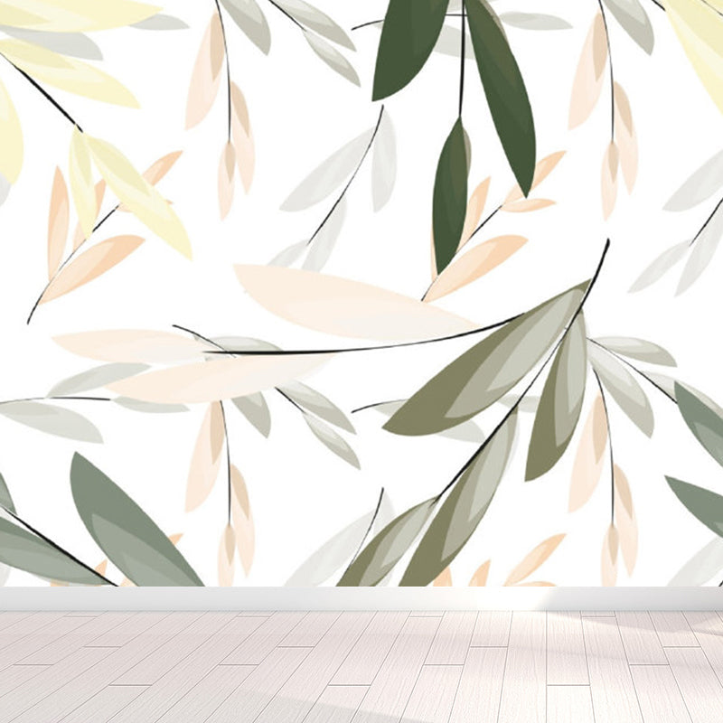 Illustration Style Leaves Wall Mural Giant Wall Covering for Dining Room, Custom