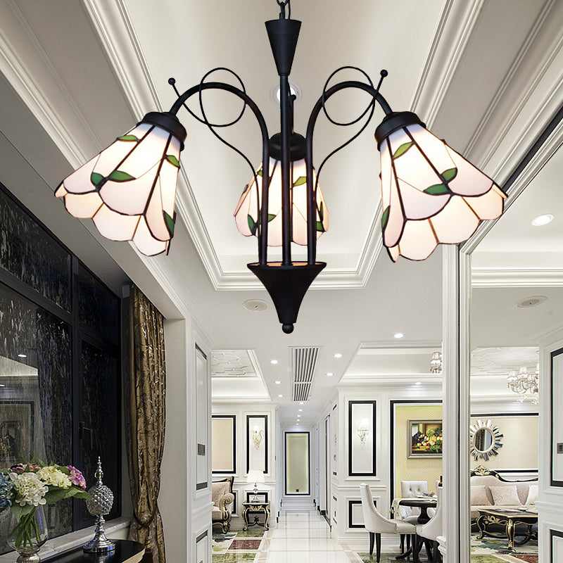 Cône de verre beige Lumière suspendue avec feuille traditionnelle 3 lustre de plafond léger pour le salon