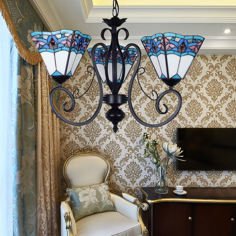 Piramide illuminazione sospesa con catena metallica 3 luci macchiate di vetro in vetro in blu