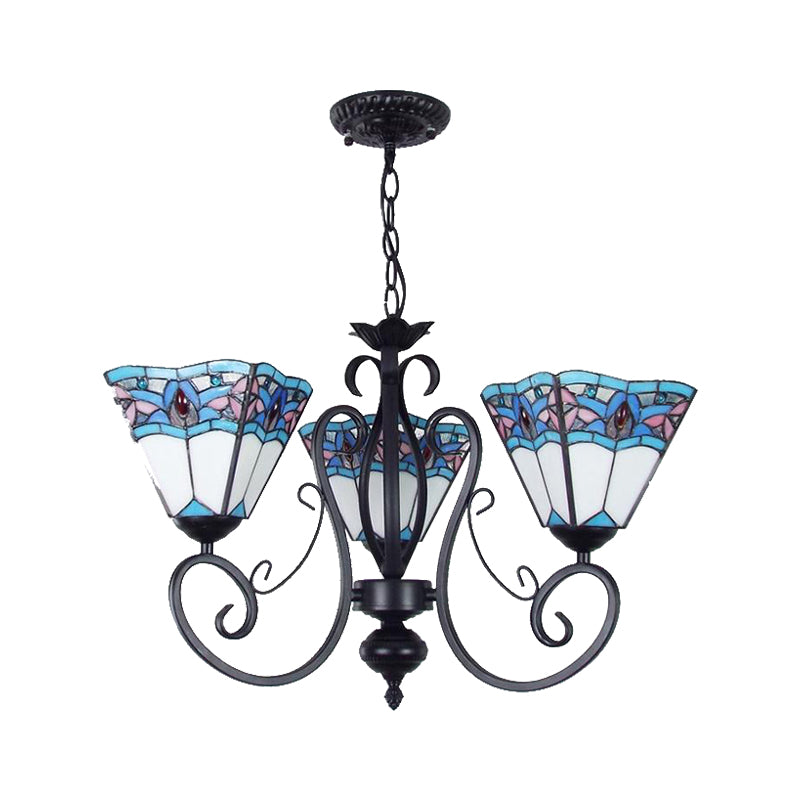 Piramide illuminazione sospesa con catena metallica 3 luci macchiate di vetro in vetro in blu