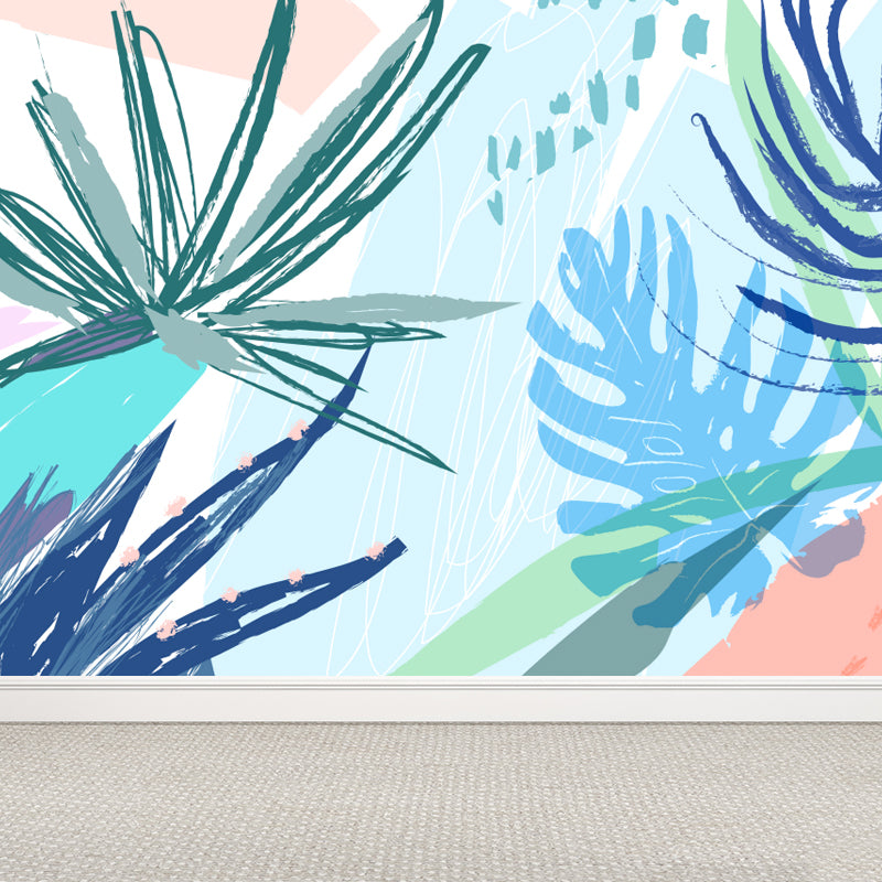 Watercolor Plant Leaves Mural Wallpaper Modern Water-Proof Living Room Wall Art, Custom Made
