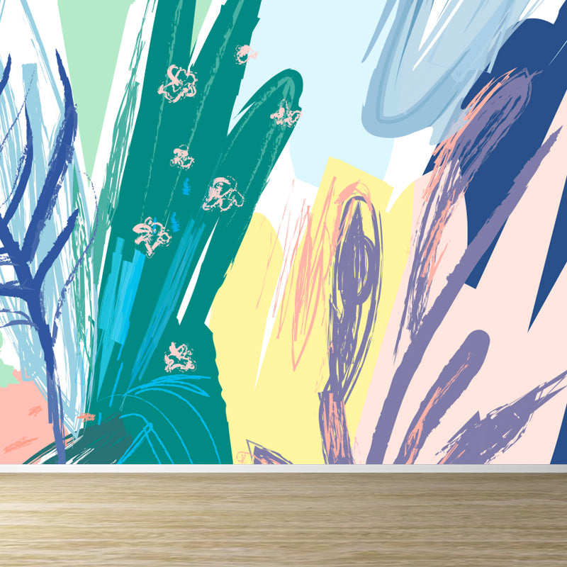 Watercolor Plant Leaves Mural Wallpaper Modern Water-Proof Living Room Wall Art, Custom Made