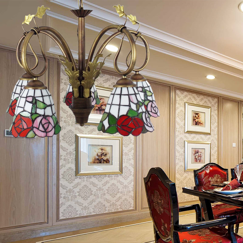 Rose Hanging Light with Adjustable Chain 5 Lights Stained Glass Rustic Chandelier Lamp in Red