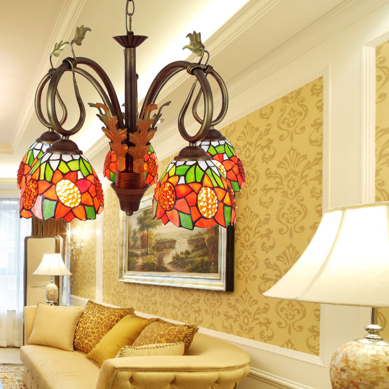 Luz colgante de girasol de vidrio naranja con cadena de metal ajustable 5 luces lámpara de araña rústica