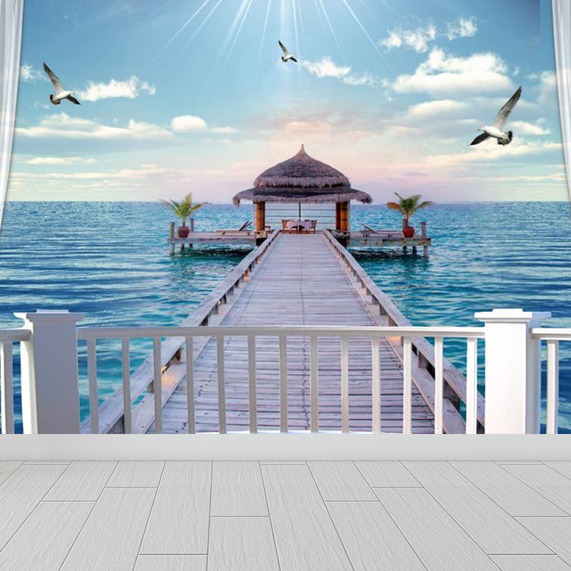 Sea Mural Wallpaper Modernist Tranquil Nature Scenery Wall Covering in Light Color