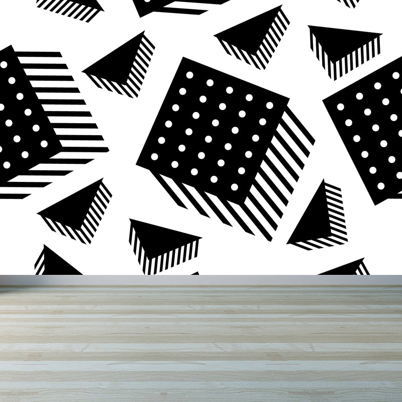 Huge Illustration Modern Wallpaper Mural with Geometrical Pattern in Black and White
