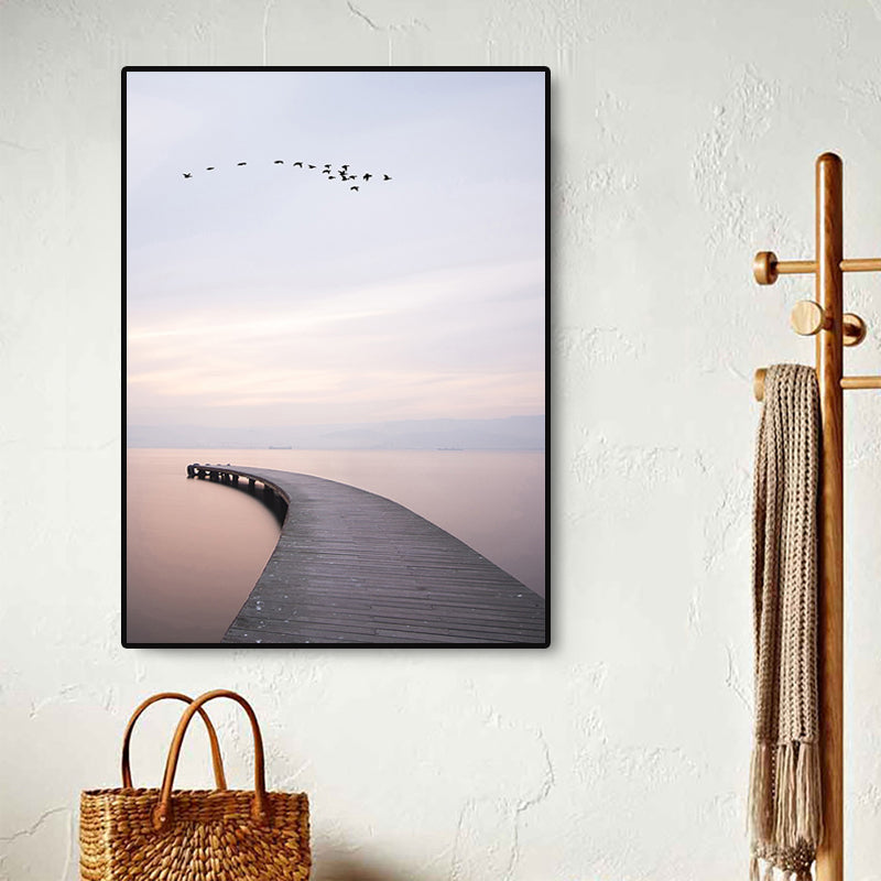 Brown Minimalist Wall Art Photo River Curved Bridge View Canvas Print for Bedroom