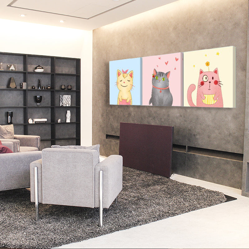Kawaii Pet Wall Art Set Baby Room Animals Pattern Canvas Print in Soft Color, Set of 3