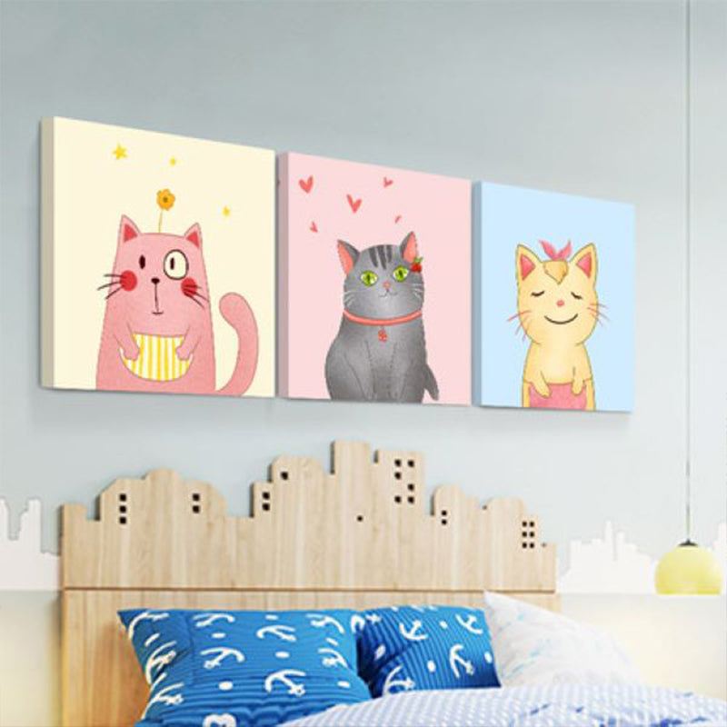 Kawaii Pet Wall Art Set Baby Room Animals Pattern Canvas Print in Soft Color, Set of 3
