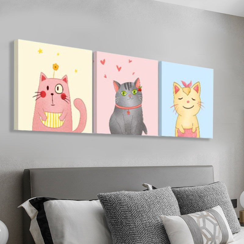 Kawaii Pet Wall Art Set Baby Room Animals Pattern Canvas Print in Soft Color, Set of 3